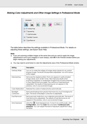 Page 43Scanning Your Originals43
GT-20000 User’s Guide
Making Color Adjustments and Other Image Settings in Professional Mode
The table below describes the settings available in Professional Mode. For details on 
adjusting these settings, see Epson Scan Help.
Note:
❏If you are scanning multiple images at the same time and you want to apply the image 
adjustments to all of your image(s) or scan area(s), click All in the Preview window before you 
begin making your adjustments.
❏You may need to scroll down to...