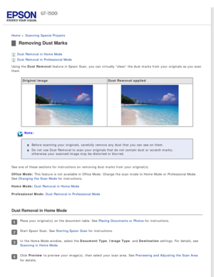 Page 101
 
Home > Scanning Special Projects 
Removing Dust Marks
Dust Removal in Home Mode 
Dust Removal in Professional Mode 
Using the Dust Removal feature in Epson Scan, you can virtually “clean” the dust marks f\
rom your originals as you scan 
them.
Original image Dust Removal applied
Note:
Before scanning your originals, carefully remove any dust that you can s\
ee on them.
Do not use Dust Removal to scan your originals that do not contain dust \
or scratch marks; 
otherwise your scanned image may be...