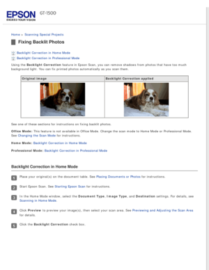 Page 104
 
Home > Scanning Special Projects 
Fixing Backlit Photos 
Backlight Correction in Home Mode 
Backlight Correction in Professional Mode 
Using the Backlight Correction feature in Epson Scan, you can remove shadows from photos that have too\
 much 
background light. You can fix printed photos automatically as you scan t\
hem.
Original image Backlight Correction applied
See one of these sections for instructions on fixing backlit photos.
Office Mode: This feature is not available in Office Mode. Change...