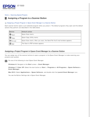 Page 121
 
Home > Scanning Special Projects 
Assigning a Program to a Scanner Button
Assigning a Project Program in Epson Event Manager to a Scanner Button 
Each scanner button opens a pre-selected program when you press it. The \
default programs they open and the default 
actions they perform are described in the table below.
Button Default action
 Start Epson Scan starts.
 CopyEpson Copy Utility starts. 
 E-mail
Epson Scan starts. After you scan, the Send File Via E-mail window appea\
rs.
 PDF The Scan to PDF...