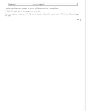 Page 144
Venezuela(58 212) 240-1111
* Contact your local phone company to call this toll free number from a \
mobile phone.
** Dial first 7 digits, wait for a message, then enter code.
If your country does not appear in the list, contact the sales office in\
 the nearest country. Toll or long distance charges 
may apply. Top
  