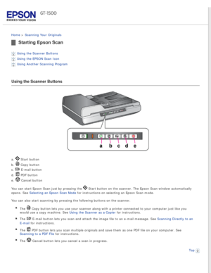 Page 28
 
Home > Scanning Your Originals 
Starting Epson Scan
Using the Scanner Buttons 
Using the EPSON Scan Icon 
Using Another Scanning Program 
Using the Scanner Buttons
a.  Start button 
b. 
 Copy button 
c. 
 E-mail button 
d. 
 PDF button 
e. 
 Cancel button
You can start Epson Scan just by pressing the 
 Start button on the scanner. The Epson Scan window automatically 
opens. See Selecting an Epson Scan Mode for instructions on selecting an Epson Scan mode.
You can also start scanning by pressing the...