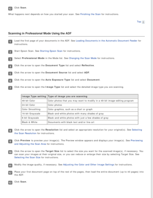 Page 41
Click Scan.
What happens next depends on how you started your scan. See Finishing the Scan for instructions.
Top
 
Scanning in Professional Mode Using the ADF
Load the first page of your documents in the ADF. See Loading Documents in the Automatic Document Feeder for 
instructions.
Start Epson Scan. See Starting Epson Scan for instructions.
Select Professional Mode in the Mode list. See Changing the Scan Mode for instructions.
Click the arrow to open the Document Type list and select Reflective.
Click...