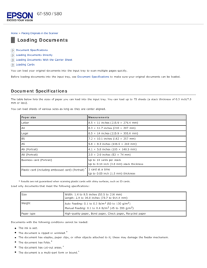 Page 19Home > Placing Originals in  the Scanner
Loading Documents
Document  Specifications
Loading  Documents  Directly
Loading  Documents  With the  Carrier Sheet
Loading  Cards
You can load  your original  documents into  the  input tray  to  scan multiple  pages quickly.
Before loading  documents into  the  input tray, see   Document  Specifications to  make sure your original  documents can be  loaded.
Document Specifications
The  table below  lists the  sizes  of paper you  can load  into  the  input tray....