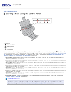 Page 25Home > Scanning  Your  Originals
Starting a  Scan Using the Control Panel
a. LCD  screen
b. 
 Down  arrow button
c. 
 Up arrow button
d.
 Start button
e. 
 Cancel  button
You 
can start  a  scan by  selecting  one  of the  following default jobs from the  LCD  screen menu  list and pressing  the  
 Start button.  The
scan 
completes  according  to  the  preassigned  scan action. To  assign a  job to  the  LCD  screen menu, see   Setting Up the  LCD  Screen Menu
List  for instructions. To  change  the...