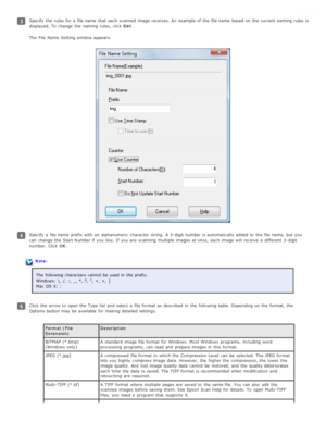 Page 35Specify  the  rules for a  file name  that  each scanned  image receives. An  example of the  file name  based on  the  current  naming  rules is
displayed. To  change  the  naming  rules,  click Edit.
The  File  Name  Setting window appears.
Specify  a  file name  prefix with  an  alphanumeric character  string.  A 3 -digit number is automatically  added to  the  file name, but you
can change  the  Start Number if  you  like.  If you  are  scanning  multiple  images at once,  each image will  receive  a...