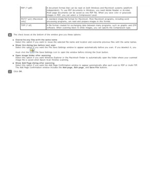 Page 36PDF  (*.pdf)A document format that  can be  read  on  both Windows and Macintosh  systems  (platformindependent).  To  use PDF  documents in  Windows,  you  need  Adobe  Reader  or  Acrobat.
Multi -page  documents can be  saved  as  one  PDF  file. When you  save  color  or  grayscale
images in  PDF,  you  can select  a  Compression Level.
PICT(*.pct) (Macintosh
only) A standard  image file format for Macintosh. Most Macintosh  programs, including word
processing  programs, can read  and prepare images...