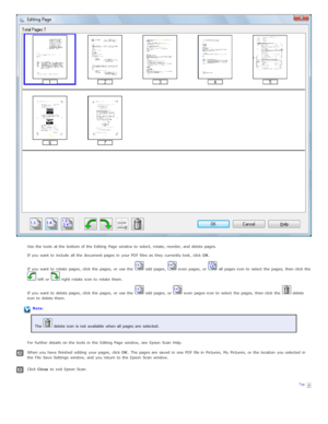 Page 50Use  the  tools  at the  bottom of the  Editing Page  window to  select, rotate, reorder, and delete pages.
If you  want  to  include all  the  document pages in  your PDF  files  as  they  currently look,  click OK.
If you  want  to  rotate  pages,  click the  pages,  or  use the  
 odd pages,   even  pages,  or   all  pages icon  to  select  the  pages,  then click the
 left  or   right rotate  icon  to  rotate  them.
If 
you  want  to  delete pages,  click the  pages,  or  use the  
 odd pages,  or...