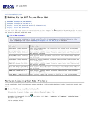Page 62Home > Scanning  Special  Projects
Setting Up the LCD Screen  Menu List
Adding and Assigning Scan  Jobs  (Windows)
Adding and Assigning Scan  Jobs  (Mac  OS X)
Assigning a  Program With Windows 8, Windows 7, and Windows Vista
Assigning a  Program With Windows XP
Each item  on  the  LCD  screen opens a  pre -selected  job when you  select  and press the  
 Start button.  The  default jobs and the  actions
they  perform  are  described  in  the  table below.
Note for  Mac  OS X users:
Only the  job number...