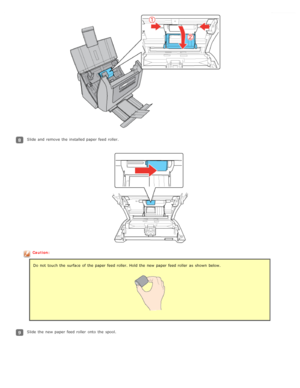 Page 83Slide and remove the  installed paper feed roller.
Caution:Do not  touch the  surface of the  paper feed roller. Hold the  new  paper feed roller  as  shown  below.
Slide the  new  paper feed roller  onto  the  spool. 