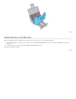 Page 90Top
Double Feed Error (GT-S80  only)
When the  double feed error is detected  even  when the  error does  not  occur, try  the  following solution:Click Configuration  in  the  Epson  Scan  window,  select  the   Detect Double  Feed check box, then select   Standard as  the  Paper
Thickness.
If the  error does  not  clear, deselect  the   Detect Double  Feed check box.
See Epson  Scan  Help  for details.
Top 