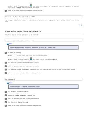 Page 99Windows  (other versions): Click the   start  button icon  or   Start > All Programs  or  Programs  > Epson  > GT-S50_S80
User’s Guide  > GT-S50_S80 User’s Guide  Uninstaller .
Follow the  on -screen instructions  to  uninstall  the   User’s Guide.
Uninstalling  the  Online  User’s Guide  for  Mac  OS X
Drag  the   gts50-s80_el  folder and the   GT-S50_S80 User’s Guide  icon  in  the  Applications/Epson Software/Guide  folder into  the
Trash.
Top
Uninstalling Other Epson Applications
Follow these  steps...