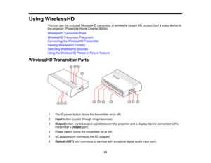 Page 84

Using
WirelessHD
 You
canusetheincluded WirelessHD transmittertowirelessly streamHDcontent fromavideo device to
 the
projector (PowerLite HomeCinema 3600e).
 WirelessHD
TransmitterParts
 WirelessHD
TransmitterPlacement
 Connecting
theWirelessHD Transmitter
 Viewing
WirelessHD Content
 Switching
WirelessHD Sources
 Using
theWirelessHD PictureinPicture Feature
 WirelessHD
TransmitterParts
 1

The
powerbutton (turnsthetransmitter onoroff)
 2
 Input
button (cycles through imagesources)
 3
 Output...