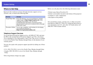 Page 5656
Problem Solving
Where to Get HelpEpson provides technical assistance through electronic support services 
24 hours a day, as listed in the following table.Telephone Support ServicesTo use the Epson PrivateLine Support service, call (800) 637-7661
 and enter 
the PIN on the included Epson PrivateLine Support card. This is the fastest 
way of speaking to a live representative, and it’s free. This service is available 
6
AM
 to 6
PM
, Pacific Time, Monday through Friday, for the duration of your...
