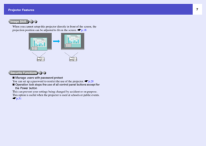 Page 77
Projector Features
When you cannot setup this projector directly in front of the screen, the 
projection position can be adjusted to fit on the screen. sp.18
 Manage users with password protect
You can set up a password to restrict the use of the projector. sp.28
 Operation lock stops the use of all control panel buttons except for 
the Power button
This can prevent your settings being changed by accident or on purpose. 
This option is useful when the projector is used at schools or public events. 
sp.31 