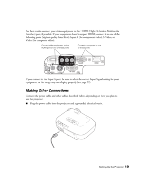 Page 19Setting Up the Projector19
For best results, connect your video equipment to the HDMI (High-Definition Multimedia 
Interface) port, if possible. If your equipment doesn’t support HDMI, connect it to one of the 
following ports (highest quality listed first): Input A (for component video), S-Video, or 
Video (for composite video). 
If you connect to the Input A port, be sure to select the correct Input Signal setting for your 
equipment, or the image may not display properly (see page 22).
Making Other...