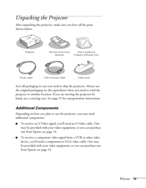 Page 13Welcome13
Unpacking the Projector
After unpacking the projector, make sure you have all the parts 
shown below: 
Save all packaging in case you need to ship the projector. Always use 
the original packaging (or the equivalent) when you need to send the 
projector to another location. If you are moving the projector by 
hand, use a carrying case. See page 91 for transportation instructions.
Additional Components
Depending on how you plan to use the projector, you may need 
additional components: 
■To...