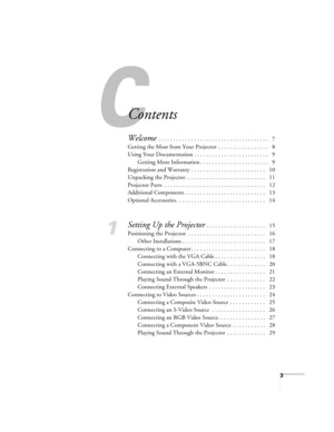 Page 3C
3
Contents
Welcome . . . . . . . . . . . . . . . . . . . . . . . . . . . . . . . . . . . . .   7
Getting the Most from Your Projector  . . . . . . . . . . . . . . . . .   8
Using Your Documentation . . . . . . . . . . . . . . . . . . . . . . . . .   9
Getting More Information . . . . . . . . . . . . . . . . . . . . . . .   9
Registration and Warranty . . . . . . . . . . . . . . . . . . . . . . . . .   10
Unpacking the Projector . . . . . . . . . . . . . . . . . . . . . . . . . . .   11
Projector Parts...