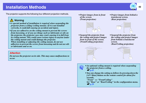 Page 4949
Installation MethodsThe projector supports the following four different projection methods.     
 Wa r n i n g
 A special method of installation is required when suspending the 
projector from a ceiling (ceiling mount). If it is not installed 
correctly, it could fall causing an accident and injury.
 If you use adhesives on the ceiling mount to prevent the screws 
from loosening, or if you use things such as lubricants or oils on 
the projector, the projector case may crack causing it to fall from...