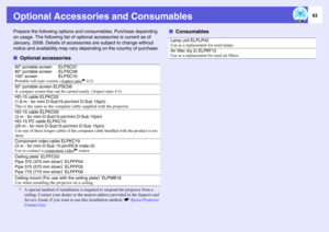 Page 6363
Optional Accessories and ConsumablesPrepare the following options and consumables. Purchase depending 
on usage. The following list of optional accessories is current as of 
January, 2008. Details of accessories are subject to change without 
notice and availability may vary depending on the country of purchase. fOptional accessories
* A special method of installation is required to suspend the projector from a 
ceiling. Contact your dealer or the nearest address provided in the Support and 
Service...