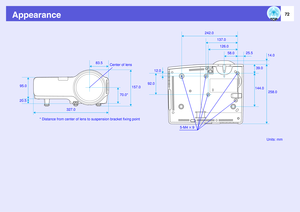 Page 72
72
Appearance
Units: mm
* Distance from center of lens to suspension bracket fixing point
327.0 70.0*
95.0 242.0
12.0
92.0 137.0
83.5 Center of lens
20.5 258.0
5-M4
 
^  
9
126.0
58.0 25.5
14.0
39.0
144.0
157.0 