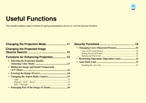 Page 10Useful FunctionsThis chapter explains useful functions for giving presentations and so on, and the security functions. Changing the Projection Mode .......................... 11
Changing the Projected Image 
(Source Search).................................................. 12
Functions for Enhancing Projection ................. 13
• Selecting the Projection Quality 
(Selecting Color Mode) .....................................................13
 Hiding the Image and Sound Temporarily 
(A/V Mute)...