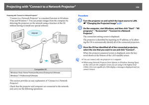 Page 143Projecting with "Connect to a Network Projector"
143
Projecting with "Connect to a Network Projector"
"Connect to a Network Projector" is a standard function in Windows 
Vista and Windows 7. You can project images from the computer by 
detecting the projector on the network using a function of the OS 
without having to install any special software.
This section provides an easy explanation of "Connect to a Network 
Projector".
Check that the projector and computer are...