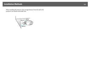 Page 151Installation Methods
151
When installing the projector, keep enough distance from the wall to the 
projector's air exhaust and intake vent. 