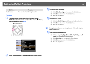 Page 179Settings for Multiple Projectors
179
Procedure
A
Press the [Menu] button and select Extended menu - 
"Multi-Projection" from the configuration menu. s"Using 
the Configuration Menu" p.55
B
Select "Edge Blending", and then press the [Enter] button.
C
Turn on "Edge Blending".
D
Displays the guide.
q
If the guide is not clear, you can change the color of the guide using the 
Guide Colors setting.
E
Set a side for edge blending.
Guide Colors You can select from three guide...