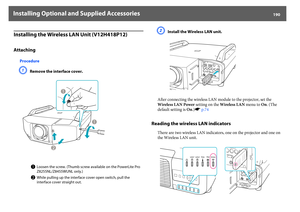 Page 190Installing Optional and Supplied Accessories
190
Installing the Wireless LAN Unit (V12H418P12)Attaching
ProcedureA
Remove the interface cover.
B
Install the Wireless LAN unit.
After connecting the wireless LAN module to the projector, set the 
Wireless LAN Power setting on the Wireless LAN menu to On. (The 
default setting is On.)sp.74
Reading the wireless LAN indicators
There are two wireless LAN indicators, one on the projector and one on 
the Wireless LAN unit.
A
Loosen the screw. (Thumb screw...