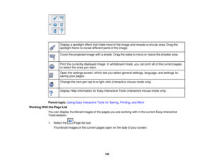 Page 135
Displayaspotlighteffectthathidesmostoftheimageandrevealsacirculararea.Dragthe
spotlightframetorevealdifferentpartsoftheimage.
Covertheprojectedimagewithashade.Dragthesidestomoveorresizetheshadedarea.
Printthecurrentlydisplayedimage.Inwhiteboardmode,youcanprintallofthecurrentpages
orselecttheonesyouwant.
Openthesettingsscreen,whichletsyouselectgeneralsettings,language,andsettingsfor
savingyourpages.
Changethenextpentaptoaright-click(interactivemousemodeonly)...