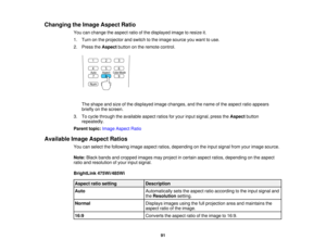 Page 91

Changing
theImage Aspect Ratio
 You
canchange theaspect ratioofthe displayed imagetoresize it.
 1.
Turn onthe projector andswitch tothe image source youwant touse.
 2.
Press theAspect buttononthe remote control.
 The
shape andsize ofthe displayed imagechanges, andthename ofthe aspect ratioappears
 briefly
onthe screen.
 3.
Tocycle through theavailable aspectratiosforyour input signal, presstheAspect button
 repeatedly.

Parent
topic:Image Aspect Ratio
 Available
ImageAspect Ratios
 You
canselect...