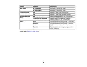Page 99

Setting
 Options
 Description

Sort
Order
 In
Ascending
 Sorts
filesinfirst-to-last order
 In
Descending
 Sorts
filesinlast-to-first order
 Continuous
Play
 On
 Displays
aslide show continuously
 Off
 Displays
aslide show onetime through
 Screen
Switching
 No
 Does
notdisplay thenext fileautomatically
 Time

1
Second to60 Seconds
 Displays
filesforthe selected timeand
 switches
tothe next fileautomatically
 Effect
 Wipe
 Transitions
betweenimageswithawipe effect
 Dissolve
 Transitions...