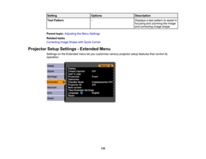 Page 135

Setting
 Options
 Description

Test
Pattern
 –
 Displays
atest pattern toassist in
 focusing
andzooming theimage
 and
correcting imageshape
 Parent
topic:Adjusting theMenu Settings
 Related
tasks
 Correcting
ImageShape withQuick Corner
 Projector
SetupSettings -Extended Menu
 Settings
onthe Extended menuletyou customize variousprojector setupfeatures thatcontrol its
 operation.

135 