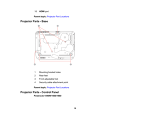 Page 19

18
 HDMI
port
 Parent
topic:Projector PartLocations
 Projector
Parts-Base
 1
 Mounting
bracketholes
 2
 Rear
feet
 3
 Front
adjustable foot
 4
 Security
cableattachment point
 Parent
topic:Projector PartLocations
 Projector
Parts-Control Panel
 PowerLite
1940W/1950/1960
 19  