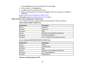 Page 63

7.
Click theBrowse button,selectthecertificate file,and click Open .
 8.
Enter apassword inthe Password box.
 9.
Click Settoadjust thecertificate validityperiod.
 10.
When youfinish registering thecertificate, clickApply tofinalize yourchanges andcomplete the
 registration.

Digital
Certificate TypesforRegistration viaWeb Control
 Parent
topic:Registering aDigital Certificate onthe Projector
 Digital
Certificate TypesforRegistration viaWeb Control
 You
canregister thesetypesofdigital certificates...