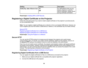 Page 59

Setting
 Options
 Description

Verify
Exp.dateofServer Cert.
 On
 For
WPA/WPA2-EAP security,
 selects
whether toverify the
 Off

server
certificates validityperiod
 during
certificate verification
 Parent
topic:Enabling WPAorEAP Security
 Registering
aDigital Certificate onthe Projector
 Follow
theinstructions hereifyou need toinstall adigital certificate onthe projector toprovide security
 for
your presentation files.
 Note:
Youcanregister adigital certificate overanetwork orfrom aconnected USBdevice....