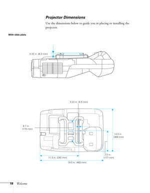 Page 1818Welcome
Projector Dimensions
Use the dimensions below to guide you in placing or installing the 
projector.
 
 0.22 in. (5.5 mm)
 14.5 in. 
(369 mm)
 11.5 in. (292 mm)
19.0 in. (483 mm)  6.7 in. 
(170 mm)
 7.0 in. 
(177 mm) With slide plate
 0.33 in. (8.3 mm) 