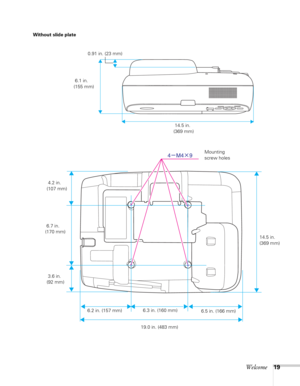 Page 19Welcome19
14.5 in. 
(369 mm)
6.3 in. (160 mm)  4.2 in. 
(107 mm)
6.2 in. (157 mm)
19.0 in. (483 mm)  6.7 in. 
(170 mm)
6.5 in. (166 mm)Mounting 
screw holes Without slide plate
 3.6 in. 
(92 mm)
 6.1 in. 
(155 mm)0.91 in. (23 mm)
 14.5 in. 
(369 mm) 
