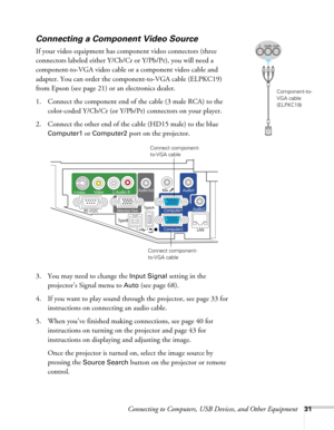 Page 31Connecting to Computers, USB Devices, and Other Equipment31
Connecting a Component Video Source
If your video equipment has component video connectors (three 
connectors labeled either Y/Cb/Cr or Y/Pb/Pr), you will need a 
component-to-VGA video cable or a component video cable and 
adapter. You can order the component-to-VGA cable (ELPKC19) 
from Epson (see page 21) or an electronics dealer.
1. Connect the component end of the cable (3 male RCA) to the 
color-coded Y/Cb/Cr (or Y/Pb/Pr) connectors on...