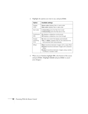 Page 5858Presenting With the Remote Control2. Highlight the options you want to use, and press 
Enter. 
3. When you are finished, highlight 
OK at the bottom of the screen 
and press 
Enter. (Highlight Cancel and press Enter to cancel 
your changes.)
Option Available settings
Display 
orderName order displays files in name order
Date order displays files in date order
Sort orderIn Ascending sorts the files first to last
In Descending sorts the files last to first
Continuous 
playOn displays a slideshow...