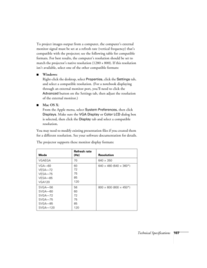 Page 107Technical Specifications107
To project images output from a computer, the computer’s external 
monitor signal must be set at a refresh rate (vertical frequency) that’s 
compatible with the projector; see the following table for compatible 
formats. For best results, the computer’s resolution should be set to 
match the projector’s native resolution (1280 × 800). If this resolution 
isn’t available, select one of the other compatible formats:
■Windows:
Right-click the desktop, select 
Properties, click...