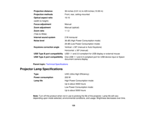 Page 125

Projection
distance
 36
inches (0.91m)to429 inches (10.90m)
 Projection
methods
 Front,
rear,ceiling-mounted
 Optical
aspectratio
 16:10

(width-to-height)

Focus
adjustment
 Manual

Zoom
adjustment
 Manual
(optical)
 Zoom
ratio
 1-1.2

(Tele-to-Wide)

Internal
soundsystem
 2
W monaural
 Noise
level
 36
dB (High Power Consumption mode)
 29
dB (Low Power Consumption mode)
 Keystone
correction angle
 Vertical:
±30 º(manual orAuto Keystone)
 Horizontal:
±30 º(manual)
 USB
Type Bport compatibility
 USB...