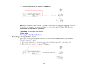 Page 31

2.
Connect theother endtothe projectors S-Videoport.
 Note:
Ifyou connected agame console, itmay takeafew seconds foryour image toappear. Toreduce
 the
lagtime, setyour game consoles inputsignal toaprogressive signalof480p or720p. Seeyour
 game
console documentation forinstructions.
 Parent
topic:Connecting toVideo Sources
 Related
tasks
 Connecting
toaVideo Source forSound
 Connecting
toaComposite VideoSource
 If
your video source hasacomposite videoport,youcanconnect itto the projector...