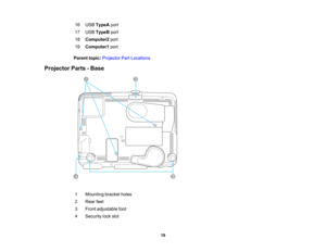 Page 19

16
 USB
TypeA port
 17
 USB
TypeB port
 18
 Computer2
port
 19
 Computer1
port
 Parent
topic:Projector PartLocations
 Projector
Parts-Base
 1
 Mounting
bracketholes
 2
 Rear
feet
 3
 Front
adjustable foot
 4
 Security
lockslot
 19  