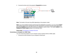 Page 33

2.
Connect theother endtothe projectors DisplayPort connector.
 Note:
Thelocation ofthe port may differ depending onthe projector model.
 Note:
Ifyou have problems hearingaudiothrough theDisplayPort connection, youcanusetheAudio3
 port
instead toplay sound. Connect oneendofan optional 3.5mm stereo mini-jack audiocabletothe
 projectors
Audio3portandtheother endtoyour computers audiooutport. Then select Audio3 forthe
 DisplayPort
AudioOutput settinginthe Extended menu.
 Parent
topic:Connecting toComputer...