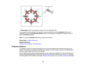 Page 29

•
Horizontally :Within theadjustment rangeofthe rear adjustable feet.
 If
you project fromtheceiling orfrom therear, besure toselect thecorrect Projection settingandif
 necessary,
turnonthe Inv Direction Buttonsetting.Ifthe projector isinstalled atan angle, besure to
 select
theDirection setting.
 Note:
Anincorrect Direction settingmayshorten thelamp life.
 Parent
topic:Projector Placement
 Related
references
 Projector
SetupSettings -Extended Menu
 Projection
Distance
 The
distance atwhich youplace...