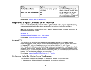 Page 69

Setting
 Options
 Description

RADIUS
ServerName
 Various
servernames upto32
 For
WPA/WPA2-EAP security,
 characters
 selects
theserver nametoverify
 Verify
Exp.dateofServer Cert.
 On
 For
WPA/WPA2-EAP security,
 selects
whether toverify the
 Off

server
certificates validityperiod
 during
certificate verification
 Parent
topic:Enabling WPAorEAP Security
 Registering
aDigital Certificate onthe Projector
 Follow
theinstructions hereifyou need toinstall adigital certificate onthe projector toprovide...