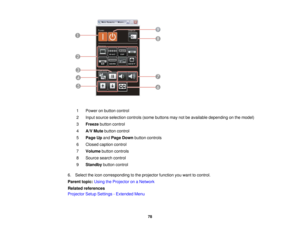 Page 78

1
 Power
onbutton control
 2
 Input
source selection controls(somebuttons maynotbeavailable depending onthe model)
 3
 Freeze
buttoncontrol
 4
 A/V
Mute button control
 5
 Page
Upand Page Down button controls
 6
 Closed
caption control
 7
 Volume
buttoncontrols
 8
 Source
searchcontrol
 9
 Standby
buttoncontrol
 6.
Select theicon corresponding tothe projector functionyouwant tocontrol.
 Parent
topic:UsingtheProjector onaNetwork
 Related
references
 Projector
SetupSettings -Extended Menu
 78  