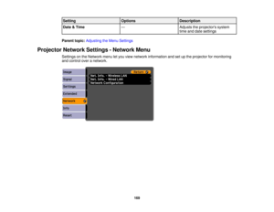 Page 169

Setting
 Options
 Description

Date
&Time
 —
 Adjusts
theprojectors system
 time
anddate settings
 Parent
topic:Adjusting theMenu Settings
 Projector
NetworkSettings-Network Menu
 Settings
onthe Network menuletyou view network information andsetupthe projector formonitoring
 and
control overanetwork.
 169 